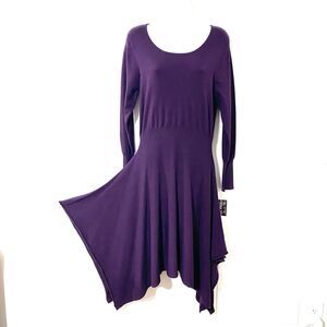 NEW Nina Leonard Women's L Purple AUBERGINE Stretch Sweater Knit Hi-Lo Dress